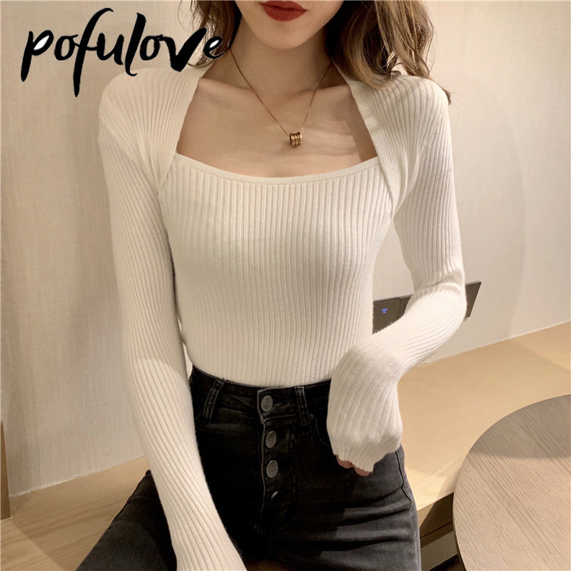 Women's Square Neck Sexy Knitted Casual Jumper