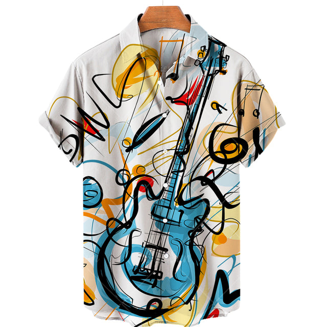 Men's Casual 3D Guitar Print Short Sleeve Shirt