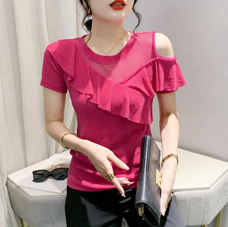 Women's Ruffled Short-Sleeved Chiffon Shirt with Mesh