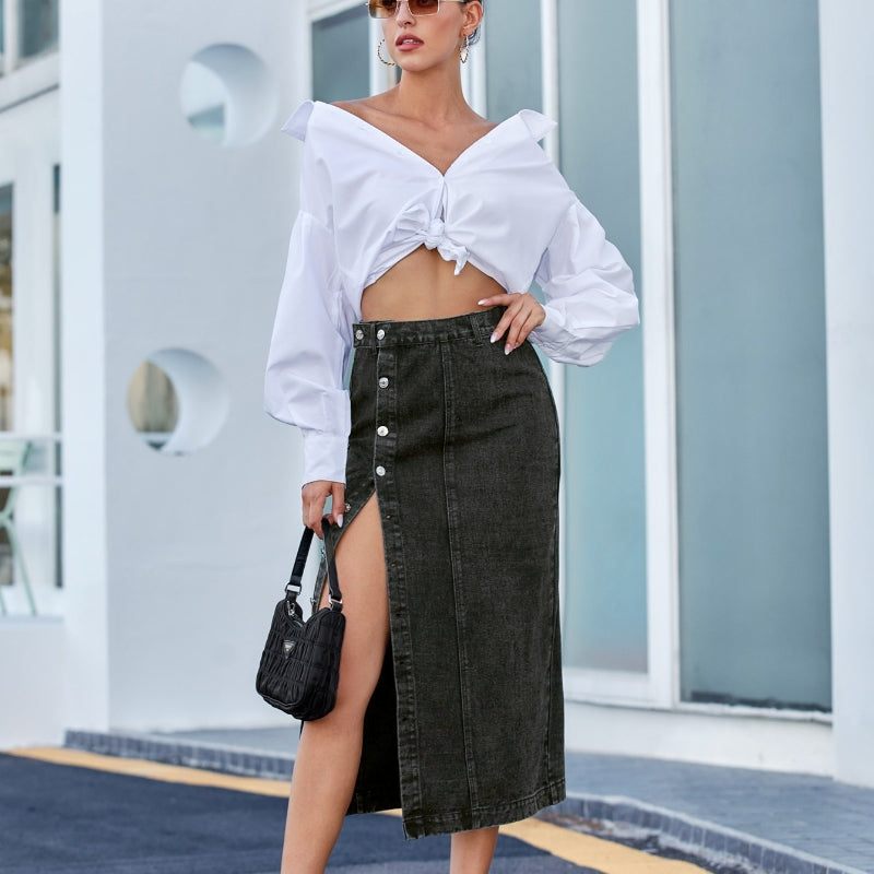 Irregular Slit High Waist Denim Skirt for Women