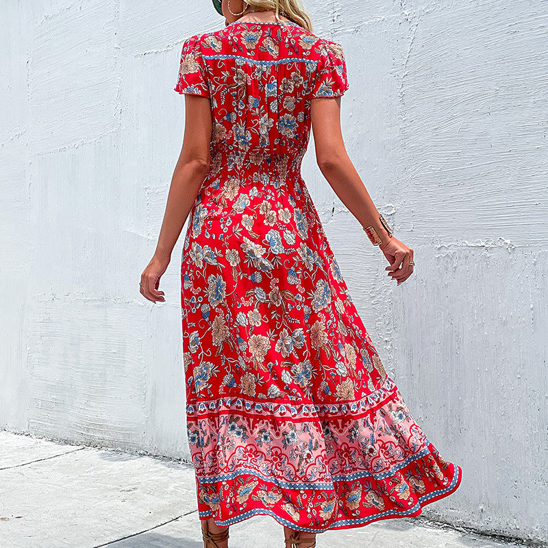 Summer Ethnic Style V-Neck Vacation Dress for Women