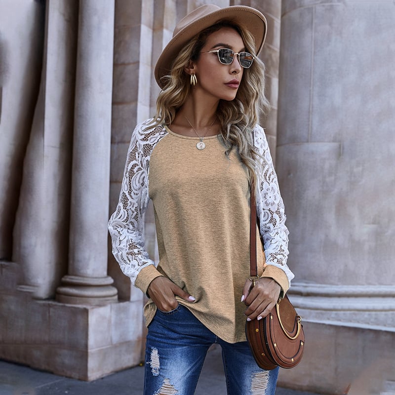 Hollow Lace Long-Sleeved Round Neck Sweater for Women