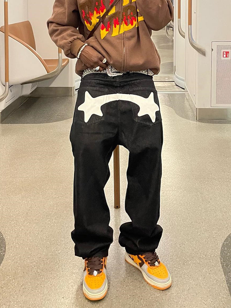 Men's Black Star Printed Baggy Jeans — Streetwear Fashion