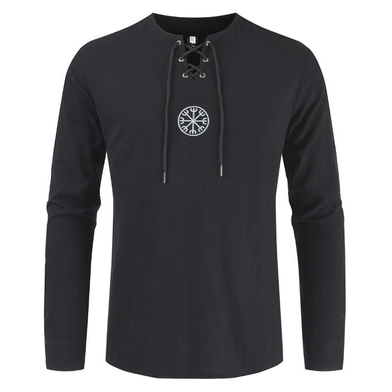 Embroidered Long-Sleeved Cotton Linen Tether Shirt