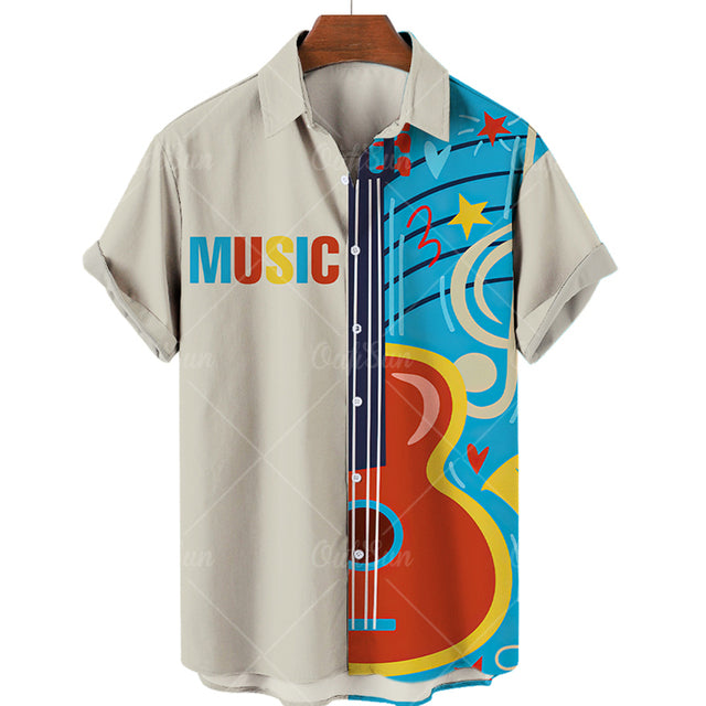 Men's Casual 3D Guitar Print Short Sleeve Shirt