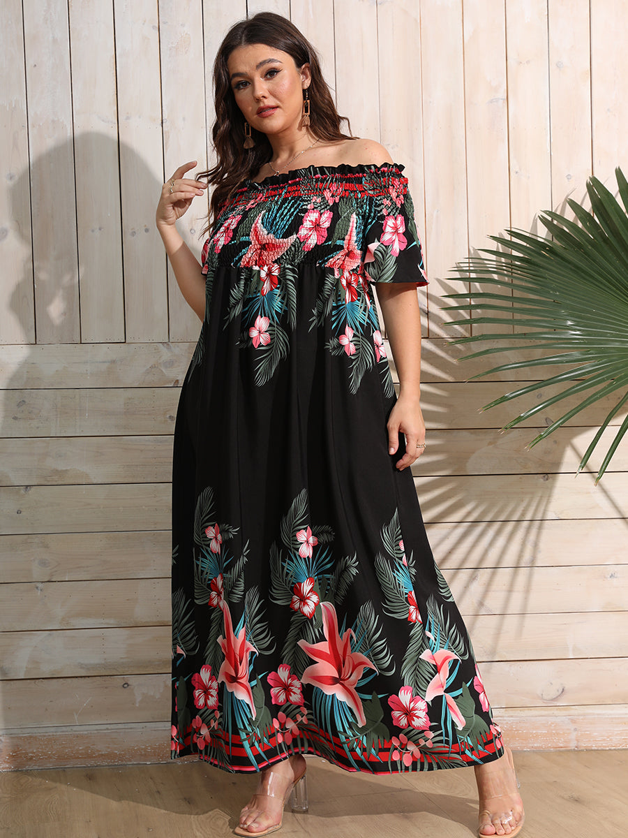 Plus Size Tropical Print Off-Shoulder Maxi Dress