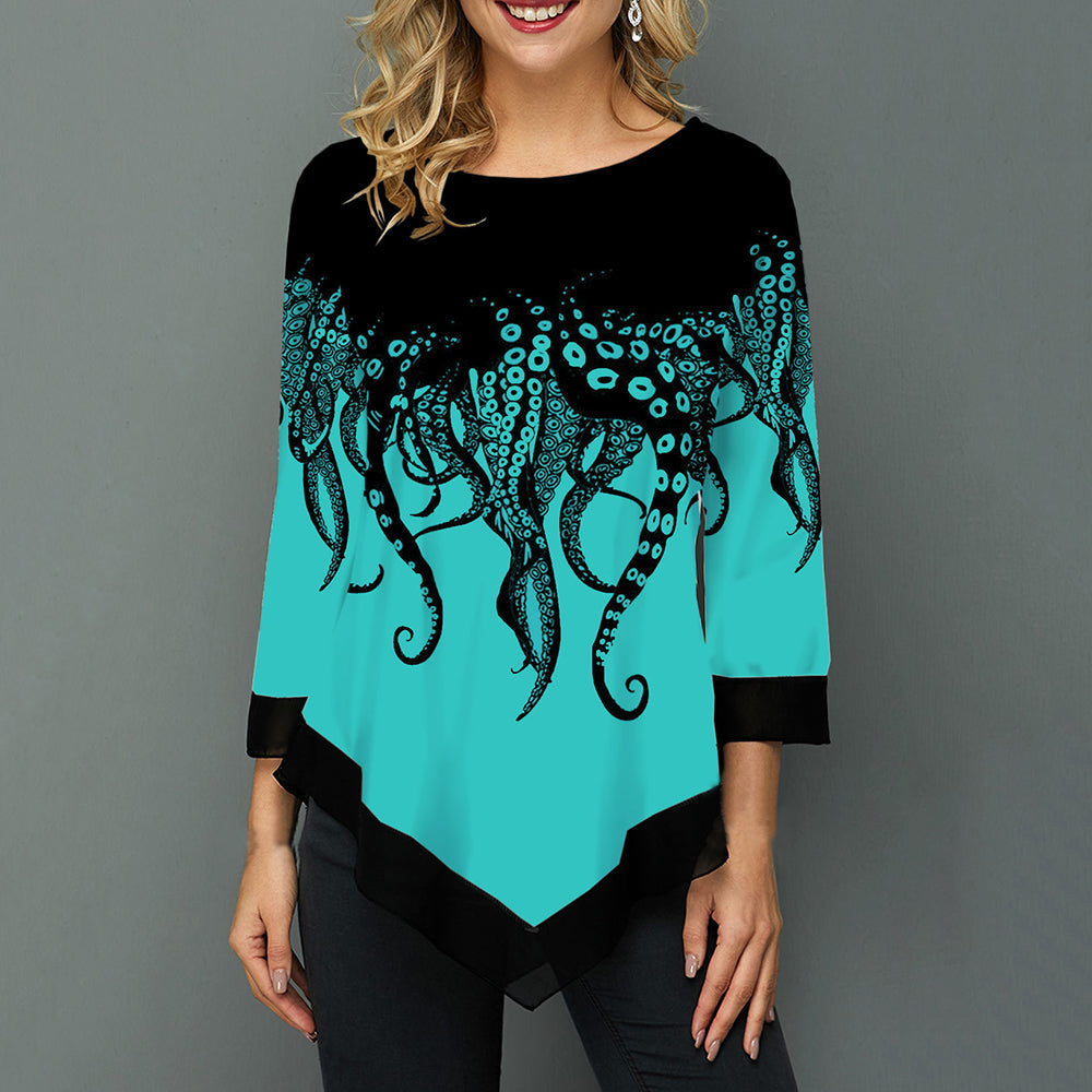 Striped Irregular Print Color-Block 3/4 Sleeve T-Shirt
