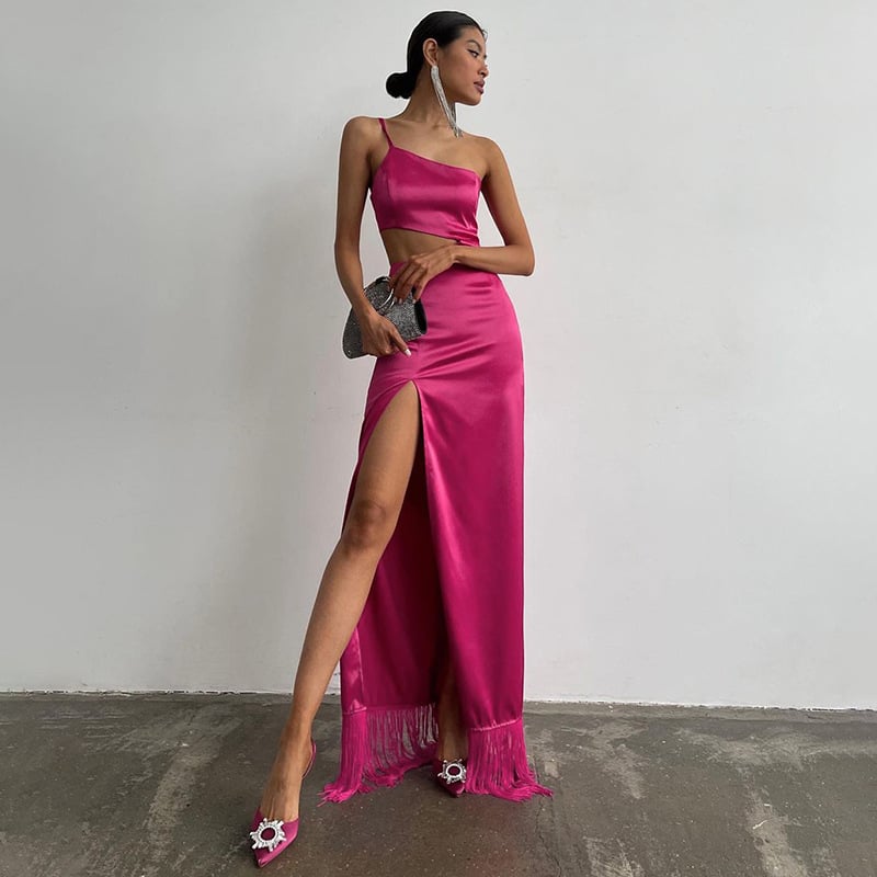 Fringed Off-Shoulder Dress with Slit Design