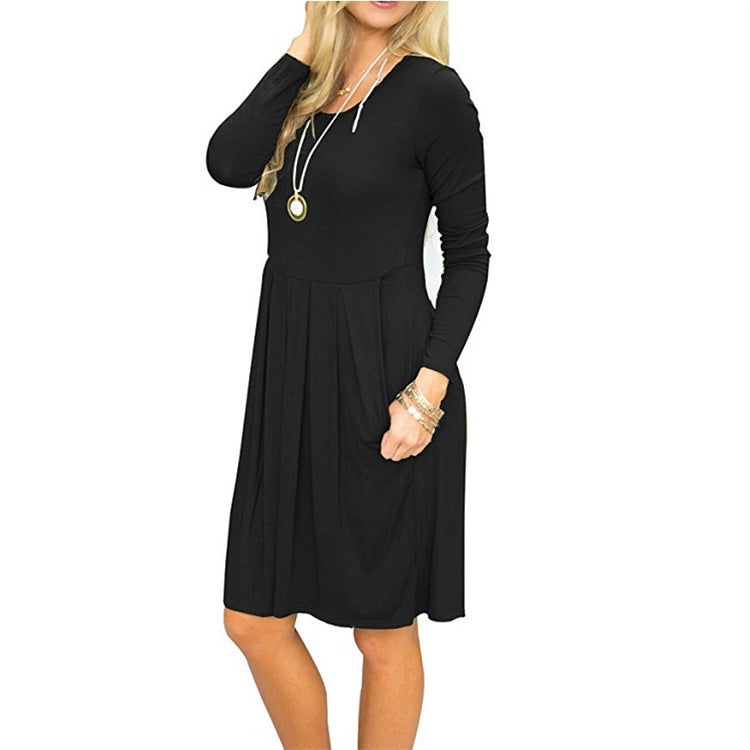 Graceful Fashionable Pleated Round-neck Long-sleeve Dress