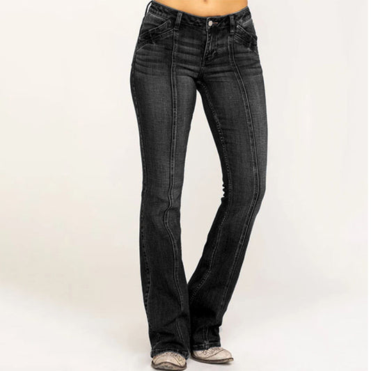 Slim Fit Mid Rise Flare Denim Jeans with Pockets