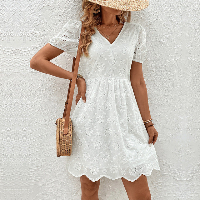 Fashion Summer White Short Sleeve Midi Dress