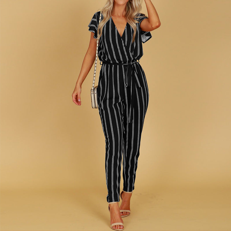 Elegant Striped V-Neck Backless Jumpsuit