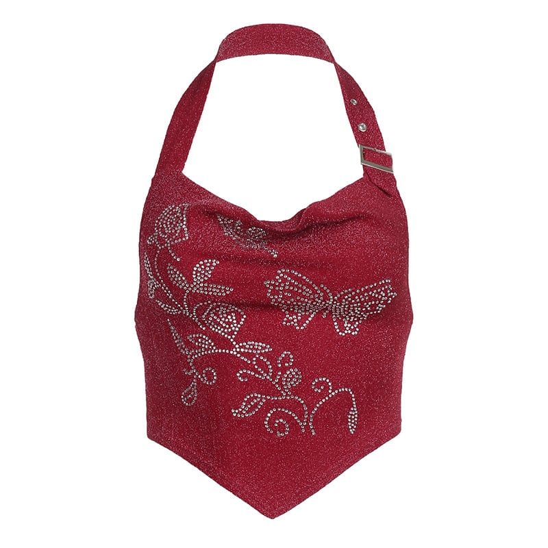 Women's Red Diamond-Studded Irregular Neck Undershirt