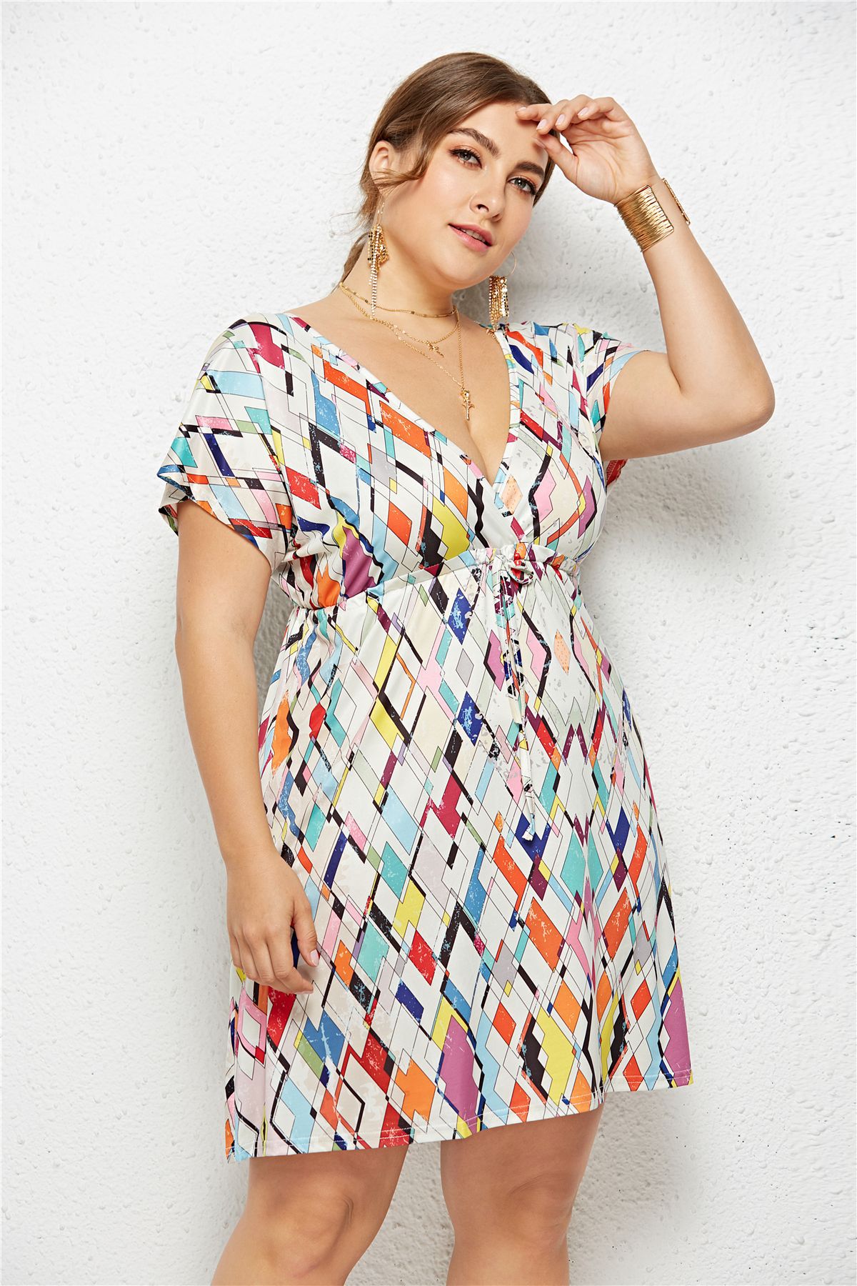 Women's Printed Deep V-Neck Dress — Elastic Waist