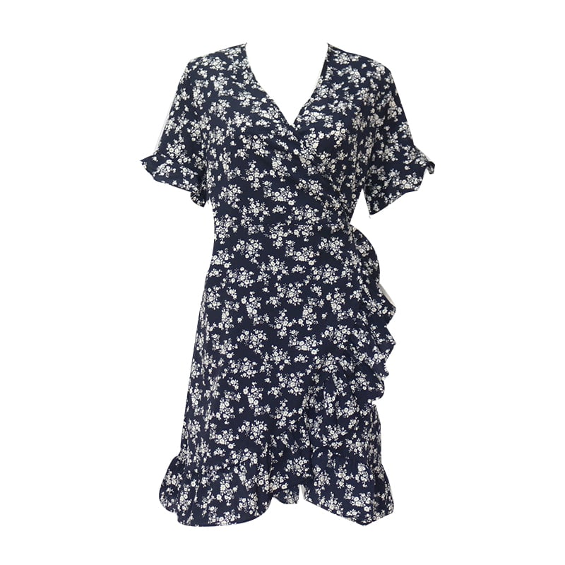 Floral Short-Sleeved Lace-Up Ruffled Chiffon Dress