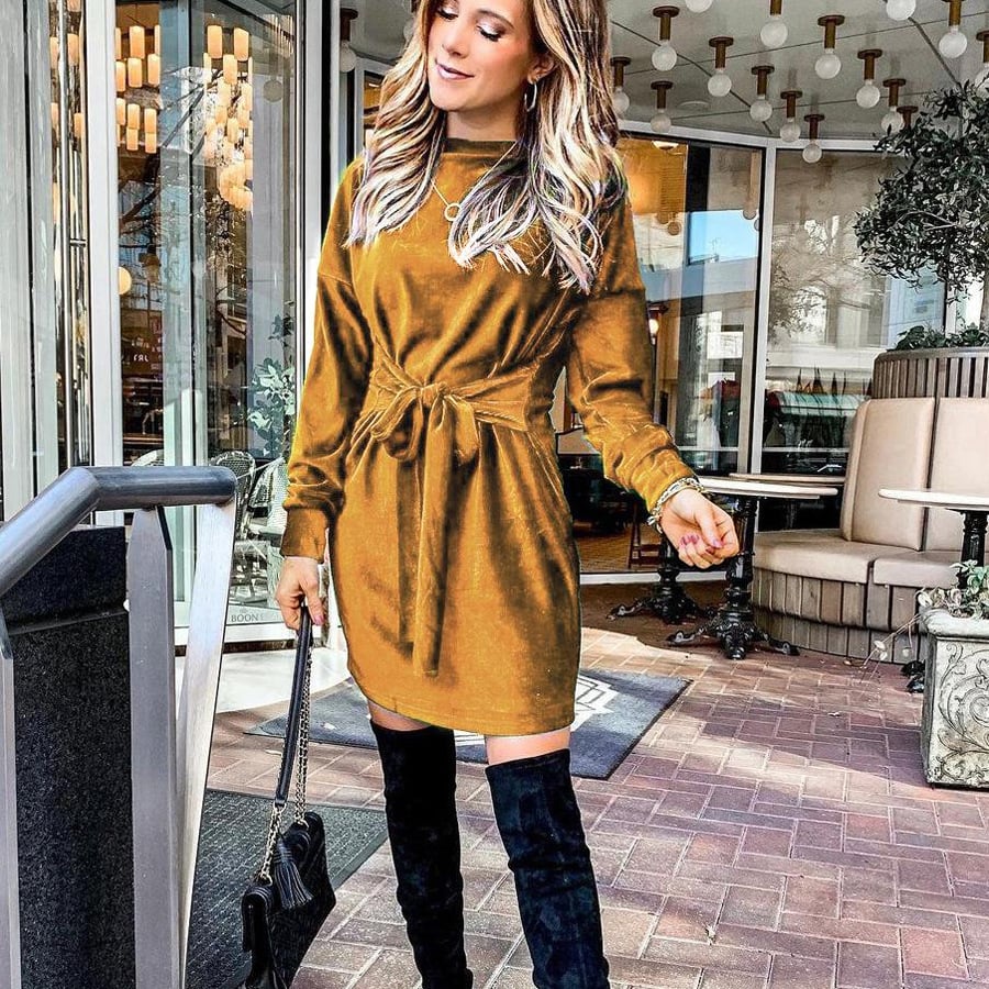 Round Neck Lace-Up Velvet A-Line Skirt