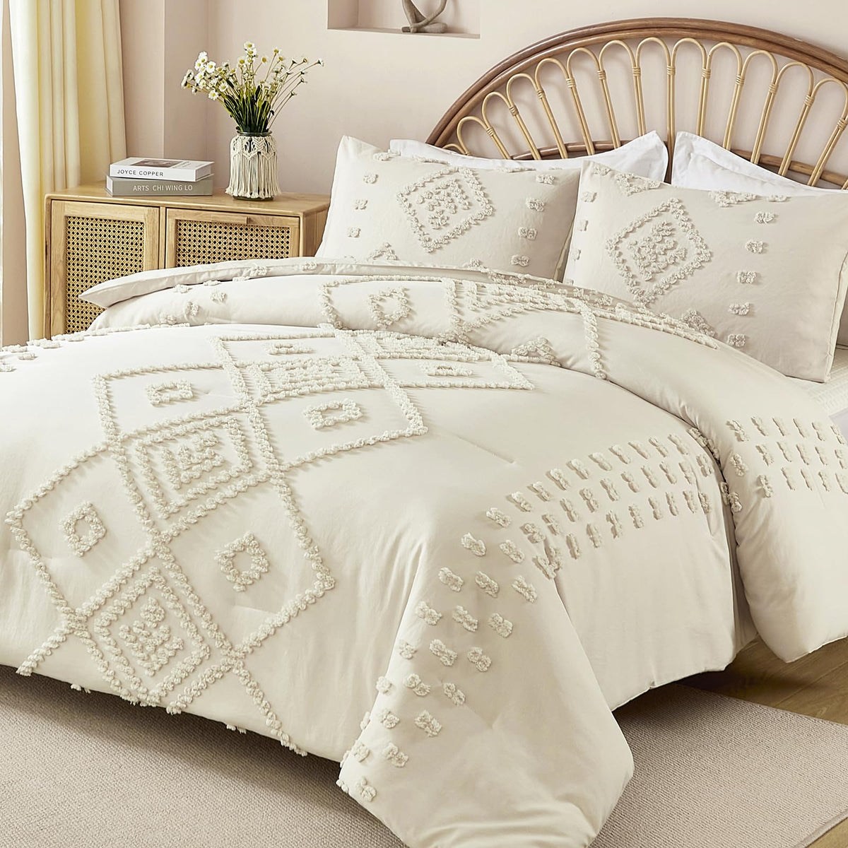 Dinjoy Boho Comforter Set | Cream Tufted Geometric | King | 3-Piece