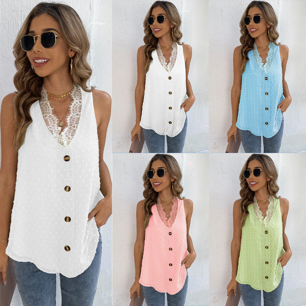 Women's Double-Layer Chiffon Top with Lace Trim