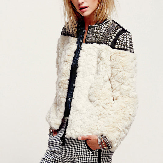 Stylish Patchwork Lambswool Jacket with Studs