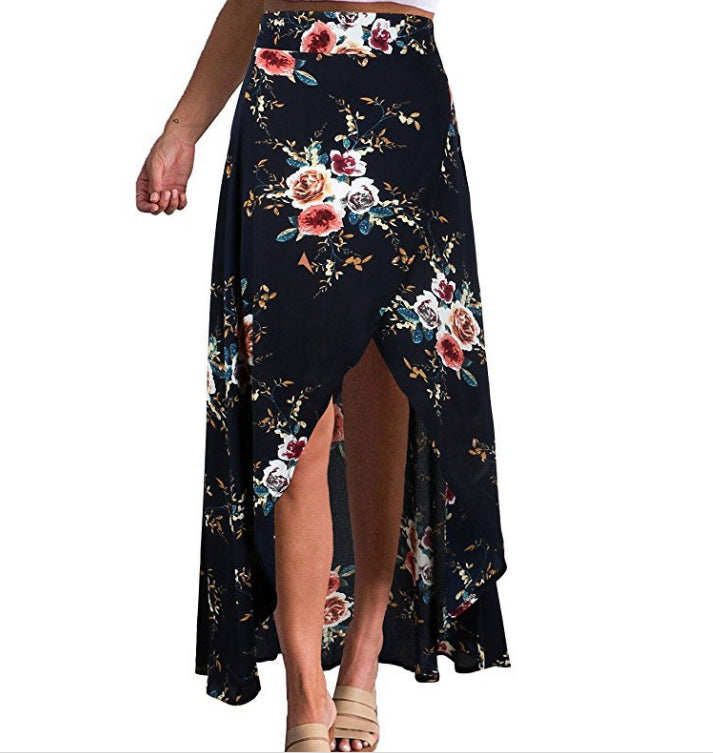 Irregular Lace-Up Maxi Skirt with Floral Print
