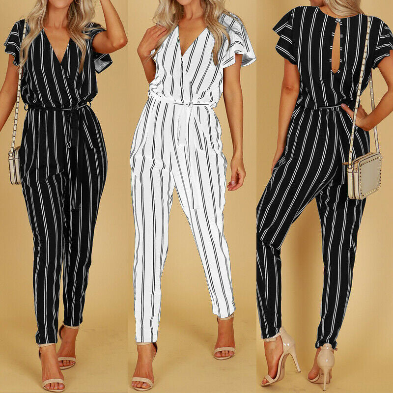 Elegant Striped V-Neck Backless Jumpsuit