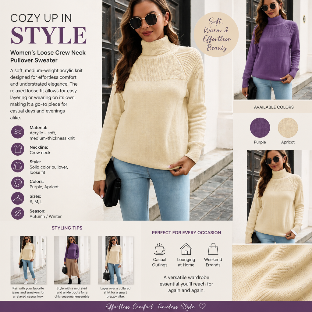 Women's Loose Crew Neck Pullover Sweater | Acrylic Knit | Purple & Apricot | S–L